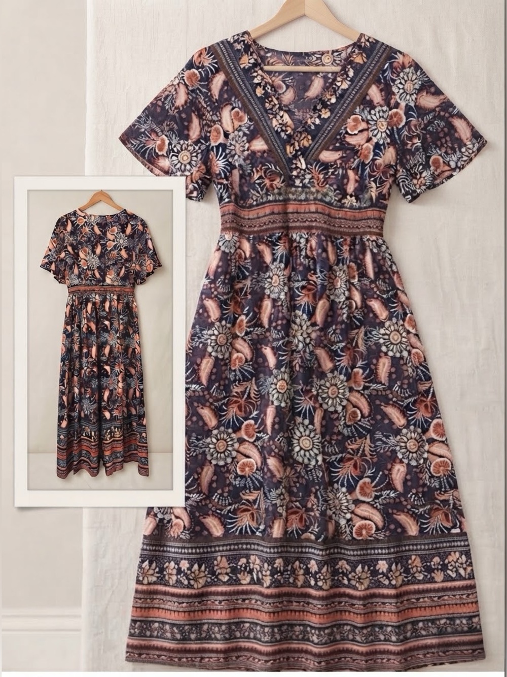 BloomChic NWT Boho Floral Maxi Dress with V-Neck - Size 10 (L)
